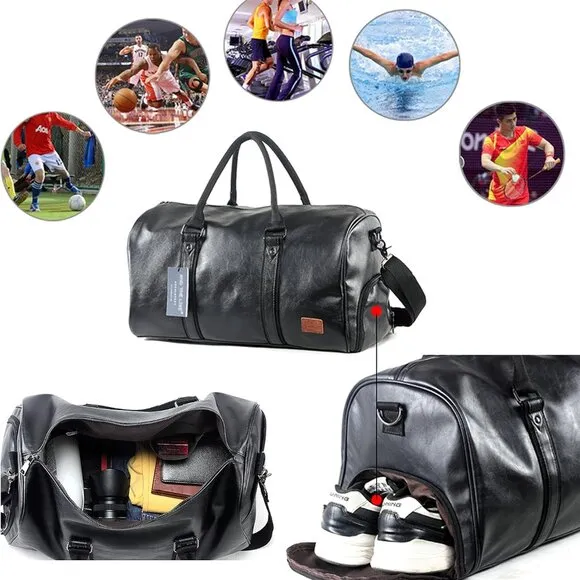 Leather Travel Bag with Shoe Pouch, Waterproof Weekender Overnight Bag, Carry On