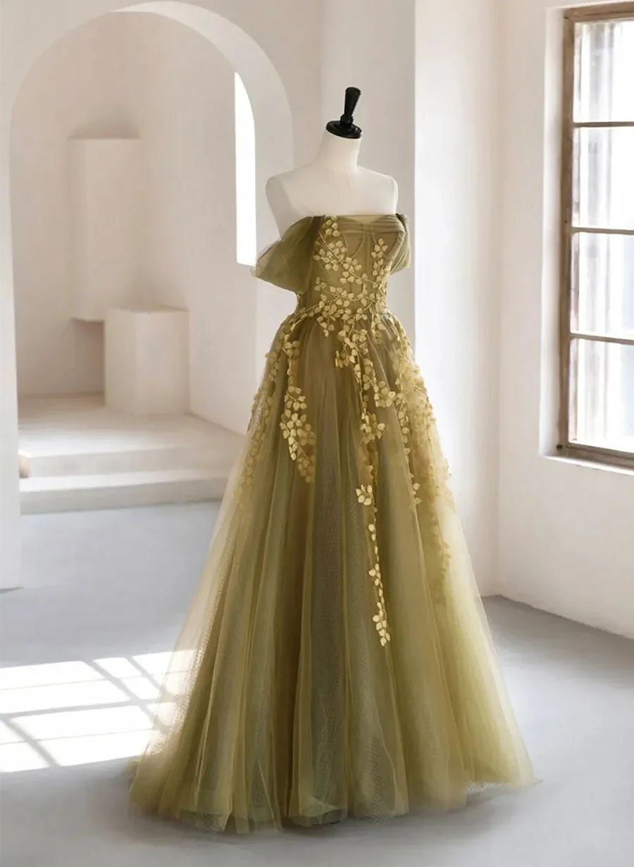 Light Green Tulle with Lace Long Sweetheart Prom Dress, Green Off Shoulder Party Dress