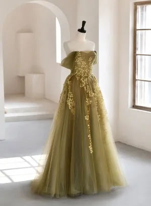 Light Green Tulle with Lace Long Sweetheart Prom Dress, Green Off Shoulder Party Dress