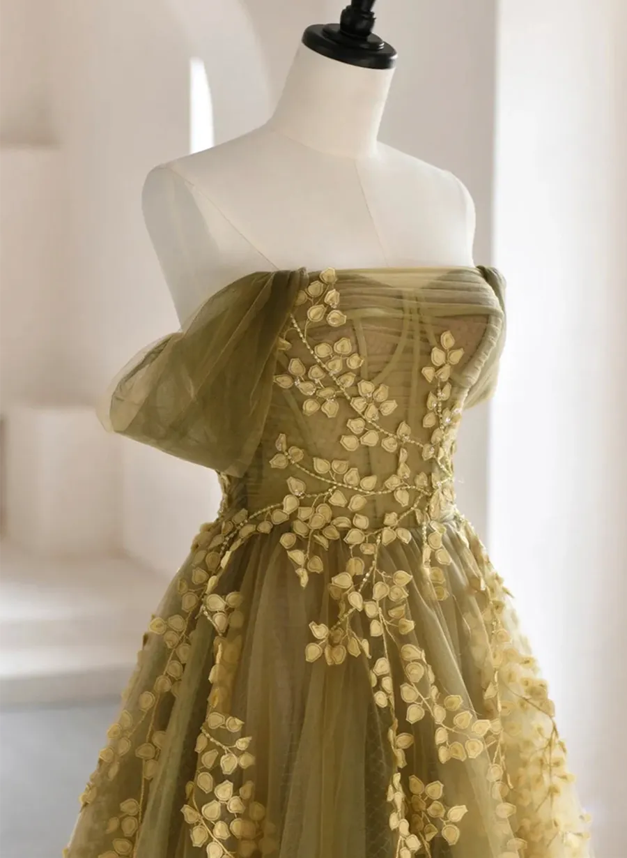 Light Green Tulle with Lace Long Sweetheart Prom Dress, Green Off Shoulder Party Dress
