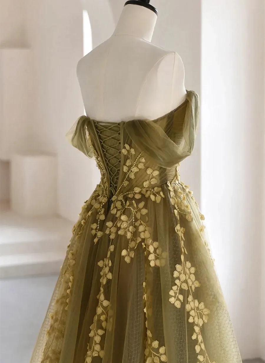 Light Green Tulle with Lace Long Sweetheart Prom Dress, Green Off Shoulder Party Dress