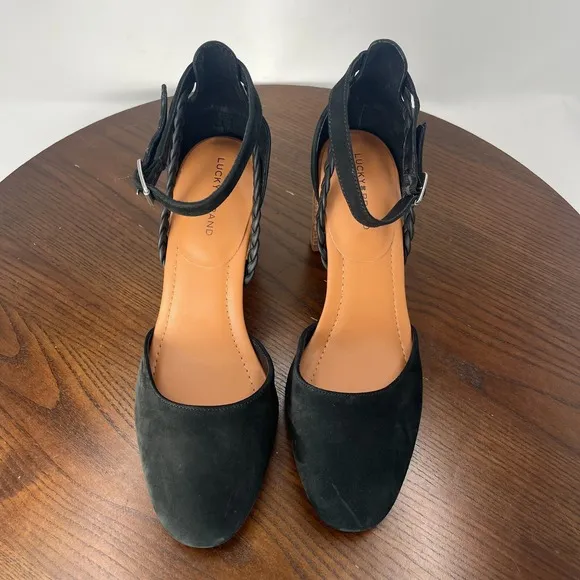 Lucky Brand Kohama Pump Shoe Womens 9.5 M Black Suede Mary Jane Ankle Strap Heel