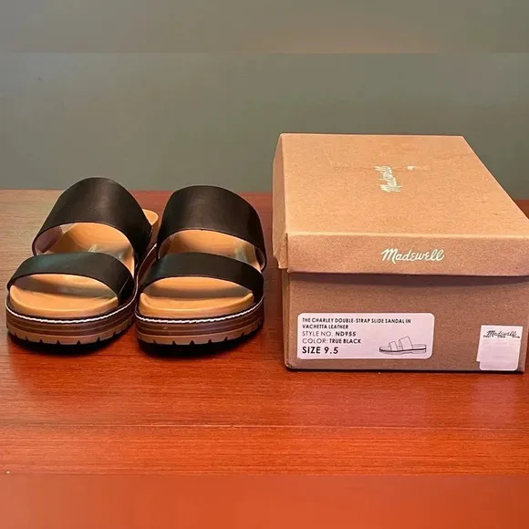 Madewell The Charley Double Strap Black Slide Sandal- size 9.5