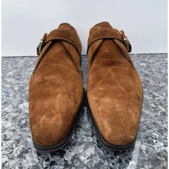 Magnanni Shoes Monk Strap Buckle Brown Suede Leather Men’s Size 13