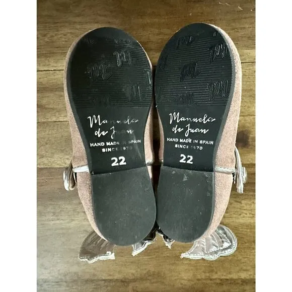 Manuela de Juan Blush Pink Leather Suede Angel Wing Mary Jane Shoes Girls 5/22