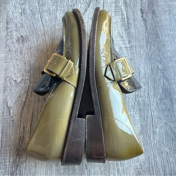 Marni Patent Leather Loafers Shoes Buckled Olive Green Black Size EU 38.5