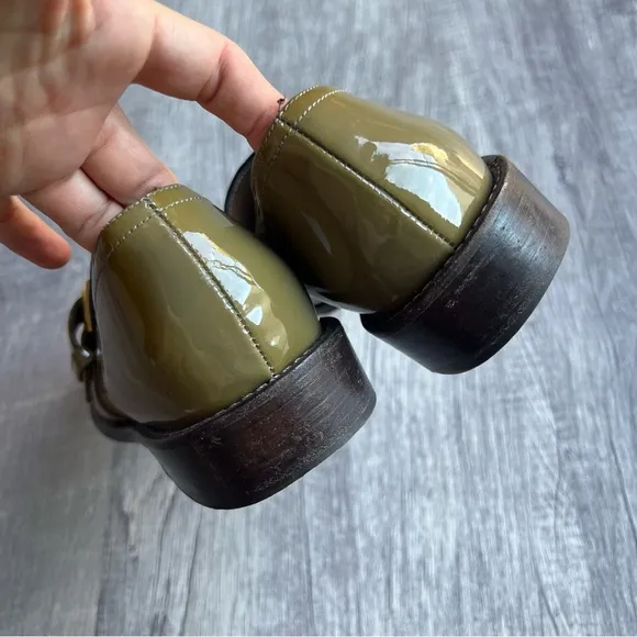 Marni Patent Leather Loafers Shoes Buckled Olive Green Black Size EU 38.5
