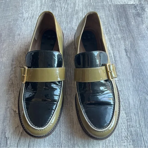 Marni Patent Leather Loafers Shoes Buckled Olive Green Black Size EU 38.5