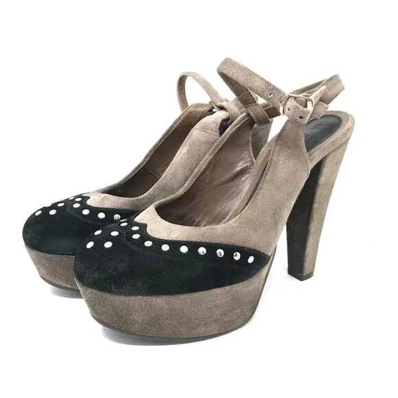 Marni Womens Size 37 US Size 7 Platform Suede Studded Ankle Strap Heels Brown