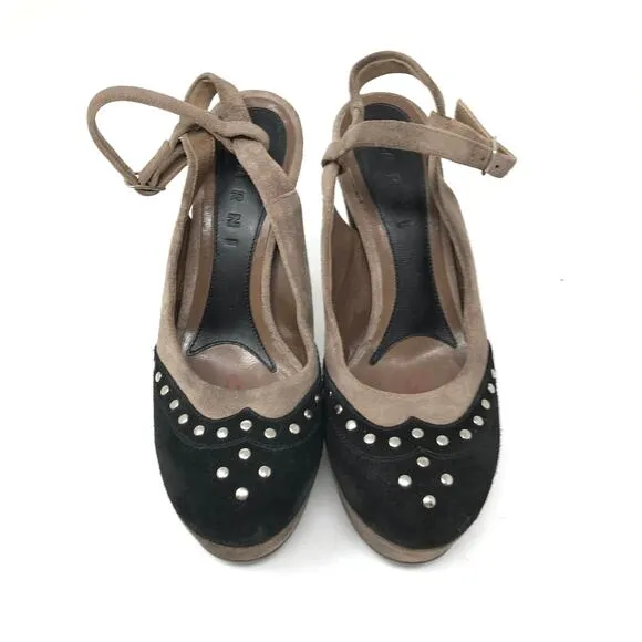 Marni Womens Size 37 US Size 7 Platform Suede Studded Ankle Strap Heels Brown