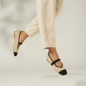 Mary Jane Flats Knit Ballet Shoes Cap Toe Comfortable Beige Black EU/41.5 US/10
