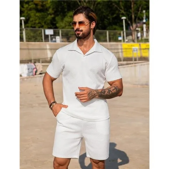 Men's 2 Piece Short Set Summer Outfits Short Sleeve Polo Shirt and Short Set