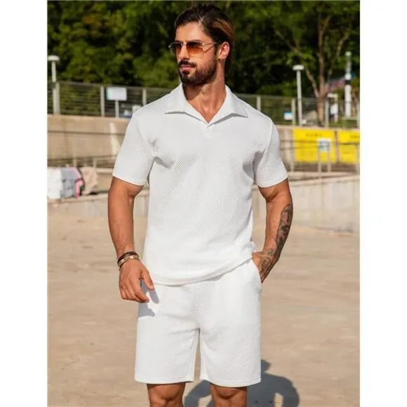 Men's 2 Piece Short Set Summer Outfits Short Sleeve Polo Shirt and Short Set