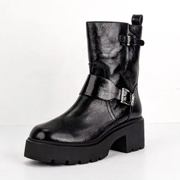 Michael Kors Women Perry Black Patent Leather MK Festival Moto Boots sz 6.5