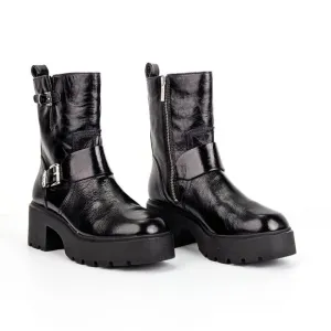 Michael Kors Women Perry Black Patent Leather MK Festival Moto Boots sz 6.5