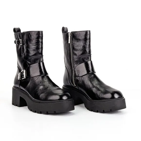 Michael Kors Women Perry Black Patent Leather MK Festival Moto Boots sz 6.5