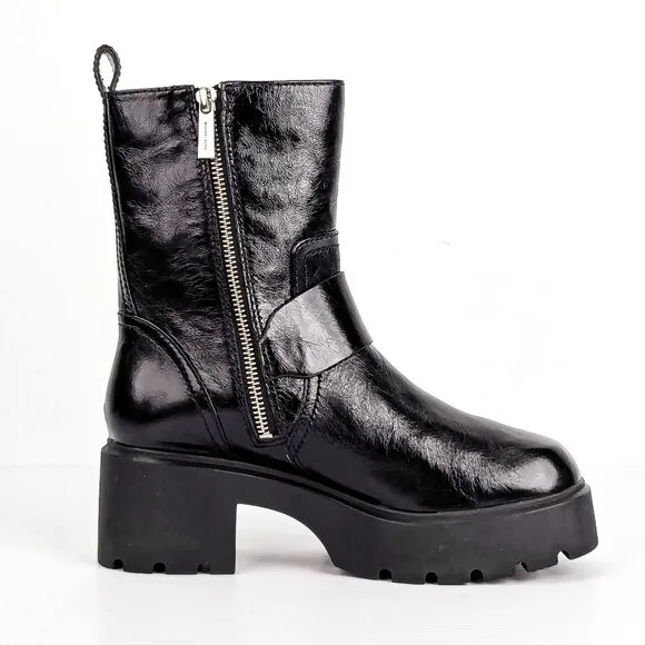 Michael Kors Women Perry Black Patent Leather MK Festival Moto Boots sz 6.5