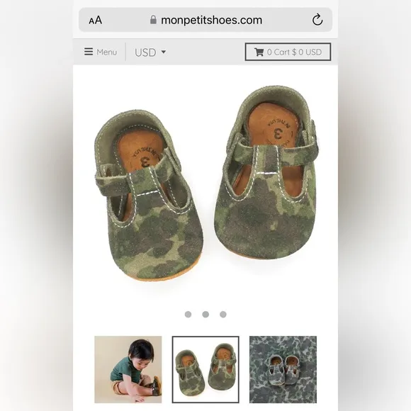 Mon Petit CAMO Camouflage Size 6 T-Strap MPs‎ Leather Baby Handmade Shoes