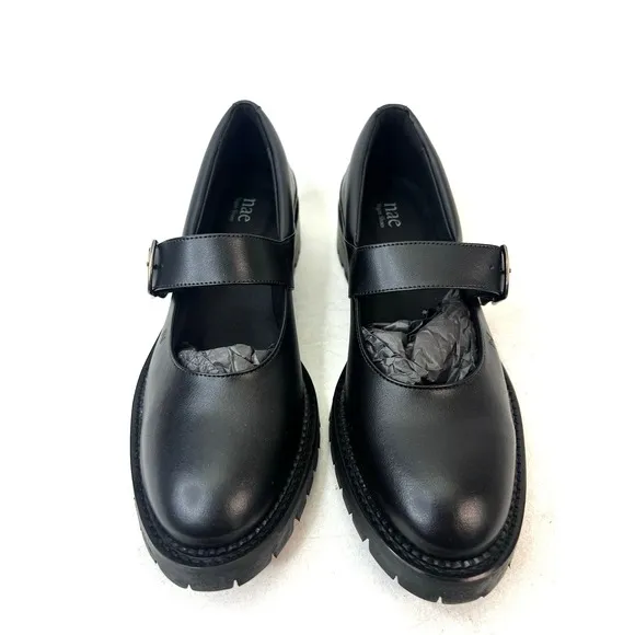 nae Vegan Shoes Women's Emisa Loafer in Apple Skin Black w/ Strap Buckle Sz 9.5
