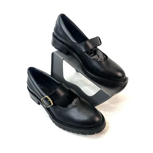 nae Vegan Shoes Women's Emisa Loafer in Apple Skin Black w/ Strap Buckle Sz 9.5