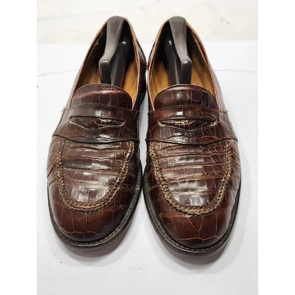 Neiman Marcus 8M Brown Leather Croc Penny Loafers Slip On Dress Shoe Work