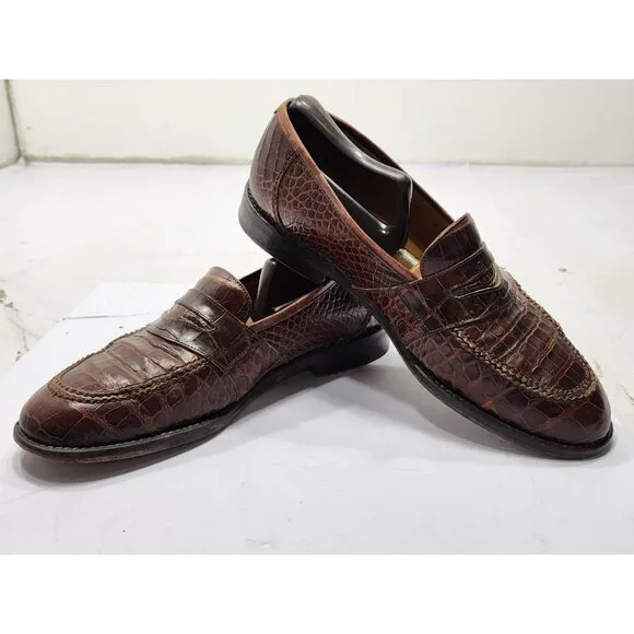 Neiman Marcus 8M Brown Leather Croc Penny Loafers Slip On Dress Shoe Work