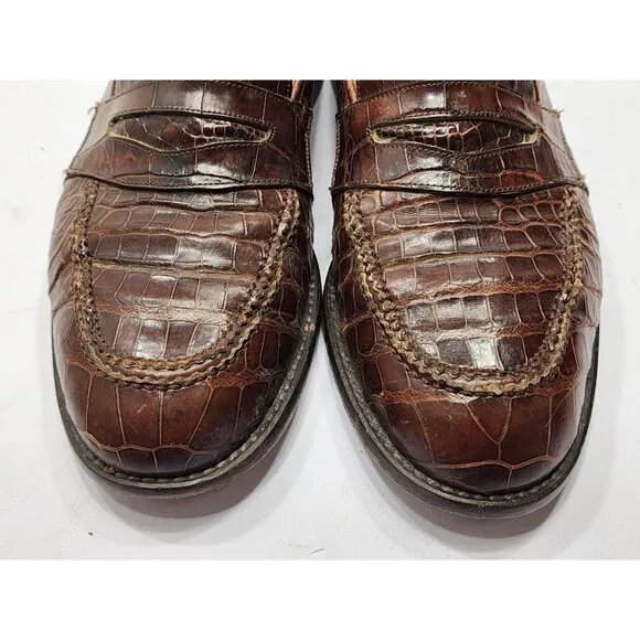 Neiman Marcus 8M Brown Leather Croc Penny Loafers Slip On Dress Shoe Work