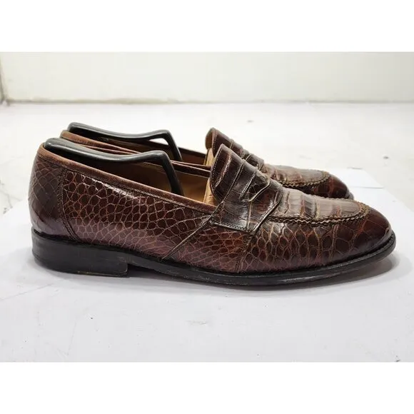 Neiman Marcus 8M Brown Leather Croc Penny Loafers Slip On Dress Shoe Work