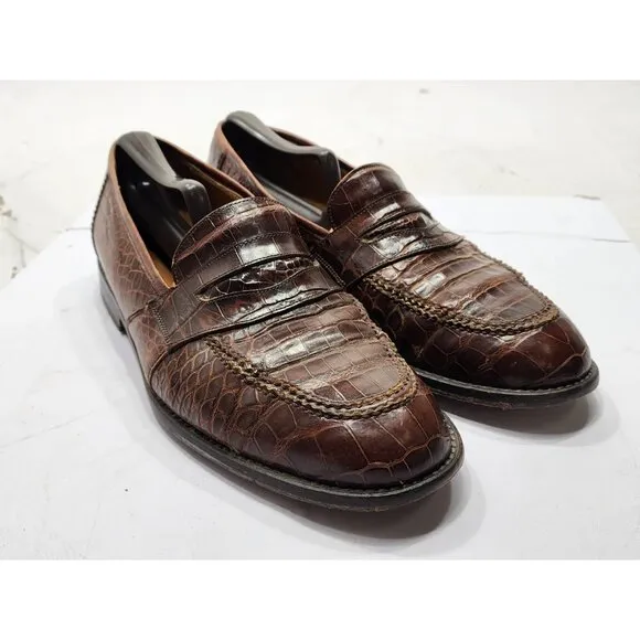 Neiman Marcus 8M Brown Leather Croc Penny Loafers Slip On Dress Shoe Work