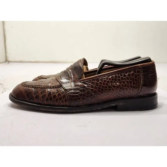 Neiman Marcus 8M Brown Leather Croc Penny Loafers Slip On Dress Shoe Work