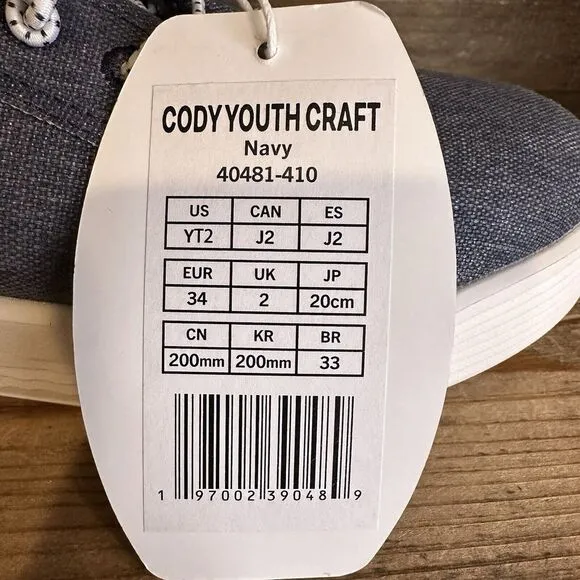 New $45 Big Kids Hey Dude Cody Youth Craft‎ Navy Comfort Shoes Size 2 Y