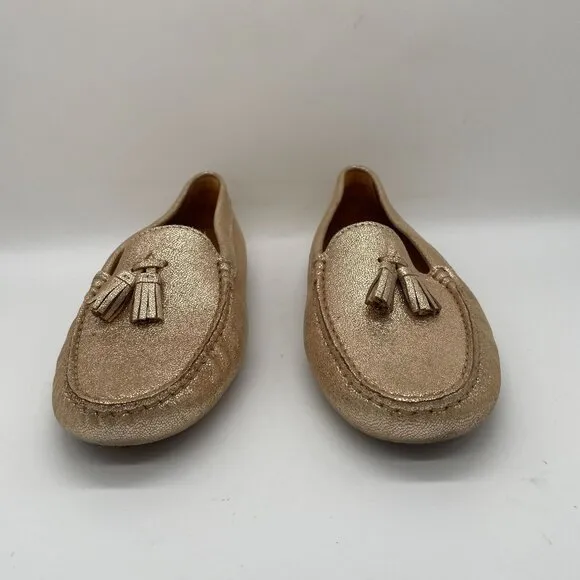 New Bobbies Paris Gold Driving Loafers Shoe Womens 40 US 9.5 Tassel Office Work