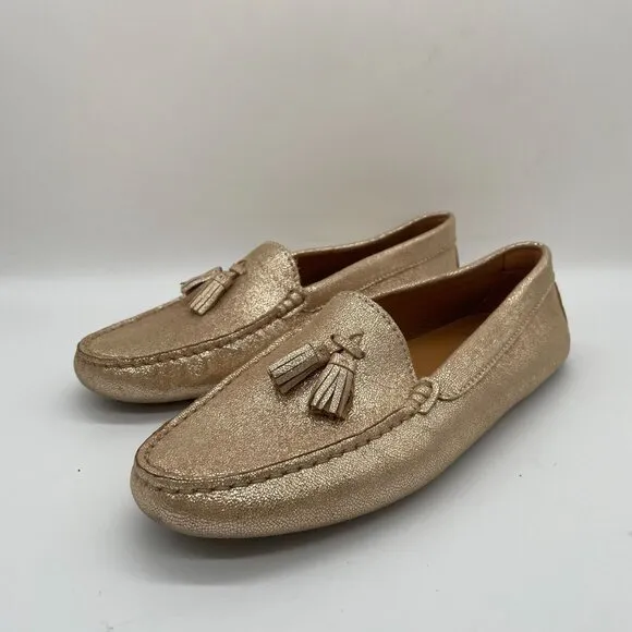 New Bobbies Paris Gold Driving Loafers Shoe Womens 40 US 9.5 Tassel Office Work