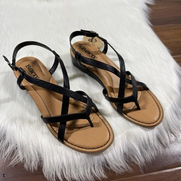 NEW Born Women's Size 8 M Black Leather Sibyl Wedge‎ Comfort Sandals Shoes