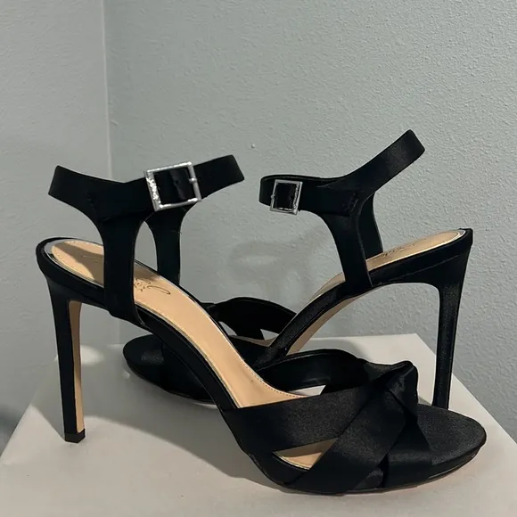 New Jewel by Badgley Mischka Rhonda Black Satin Heeled Sandal