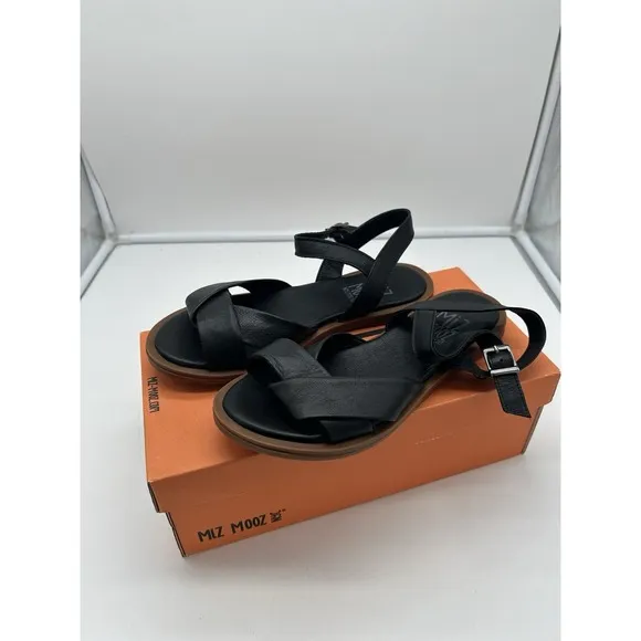 New Miz Mooz Fallyn Leather Crossover Sandals Ankle Strap Black EU 37 US 6.5-7