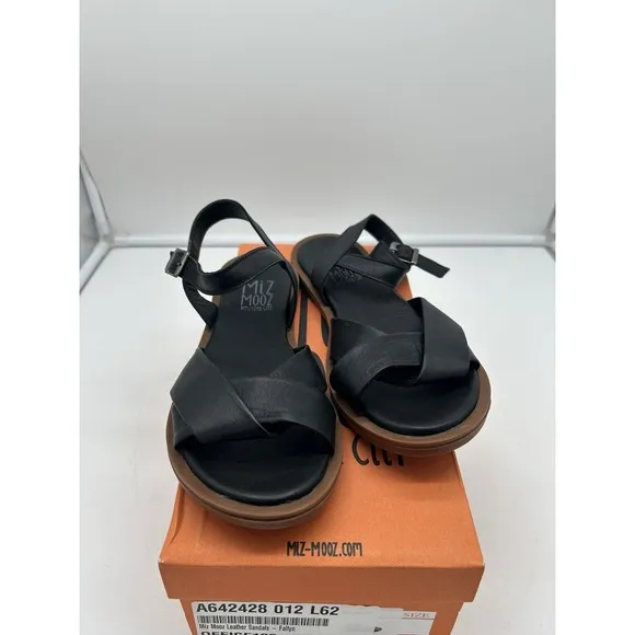 New Miz Mooz Fallyn Leather Crossover Sandals Ankle Strap Black EU 37 US 6.5-7
