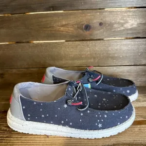 New NWT Big Kids Hey Dude Wendy Blue Star Print Slip On Shoes Loafers Size 3 Y