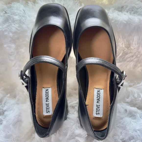 NEW Steve Madden Delancy Black Leather Mary Jane Shoes 8M