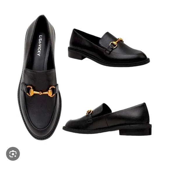 NIB Lisa Vicky Black Loafers with Gold Accent