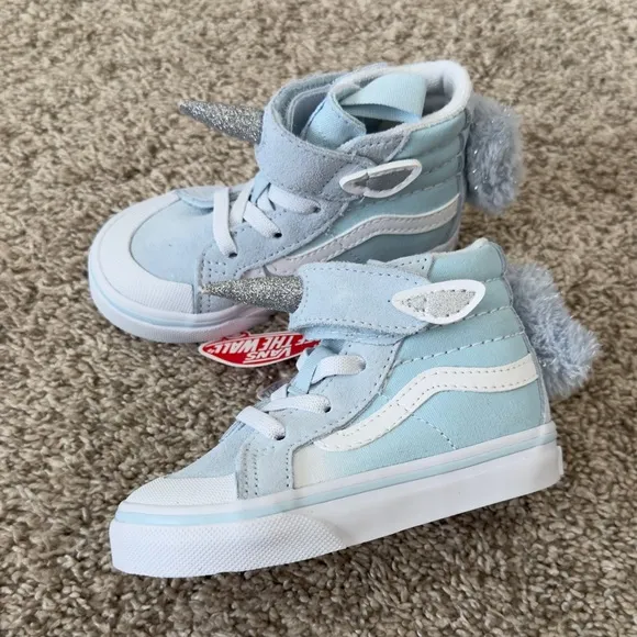 NIB NWT Vans toddler girl Baby blue Unicorn velcro SK8-HI shoes size 5