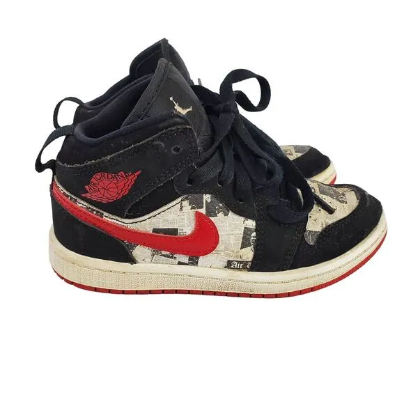 Nike Air Jordan 1 Mid SE Newspaper Air Times Boy's Youth 11C Black &amp; Red
