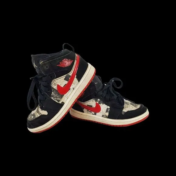 Nike Air Jordan 1 Mid SE Newspaper Air Times Boy's Youth 11C Black &amp; Red