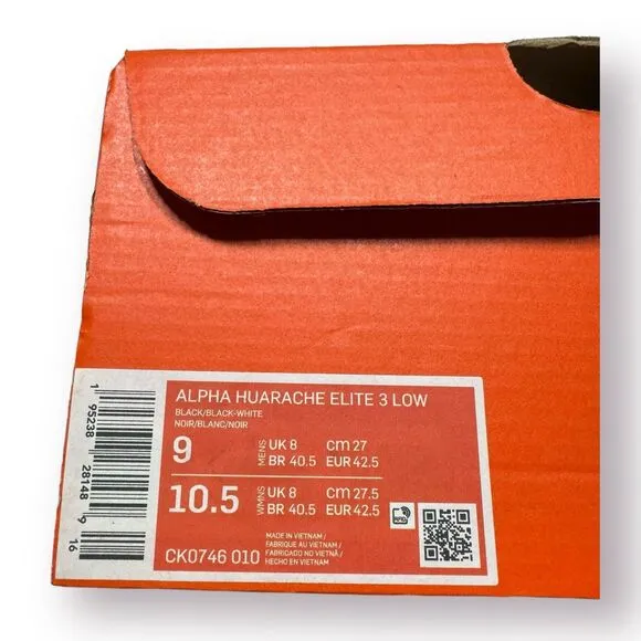 Nike Low Baseball Cleats Size 9 Alpha Huarache Elite 3‎ CK0746-010 Black/White