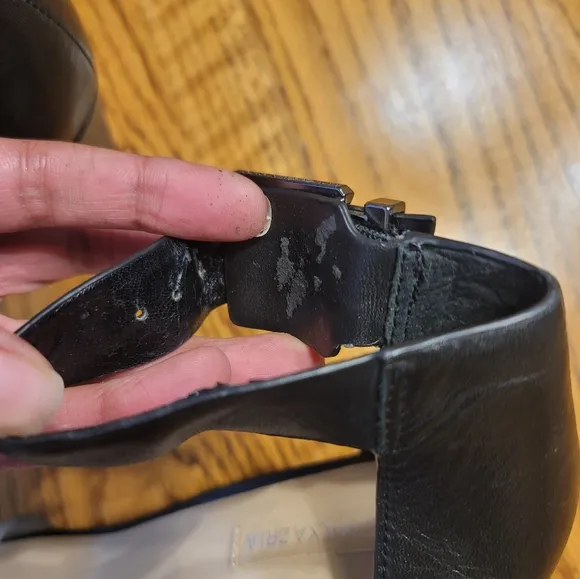 NWOT BCBG Black Genuine Leather Vinyl Clear Open Wedge Sandal Heels Shoes Size 8