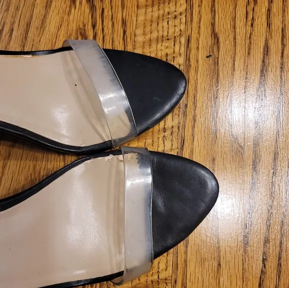 NWOT BCBG Black Genuine Leather Vinyl Clear Open Wedge Sandal Heels Shoes Size 8