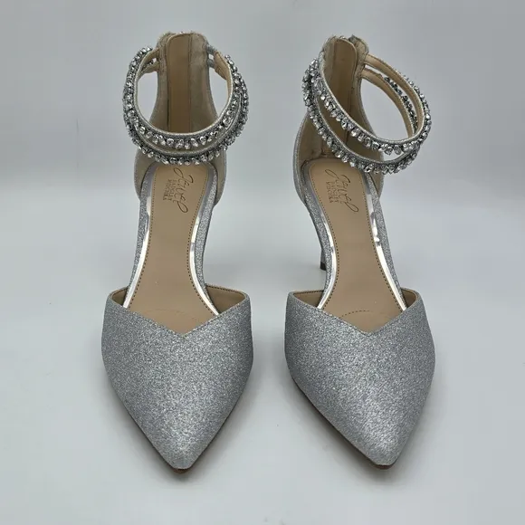NWOT Jewel Badgley Mischka Maya Crystal Strap 2-Piece Pointy-Toe Pumps, Silver 9