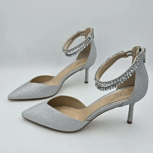 NWOT Jewel Badgley Mischka Maya Crystal Strap 2-Piece Pointy-Toe Pumps, Silver 9