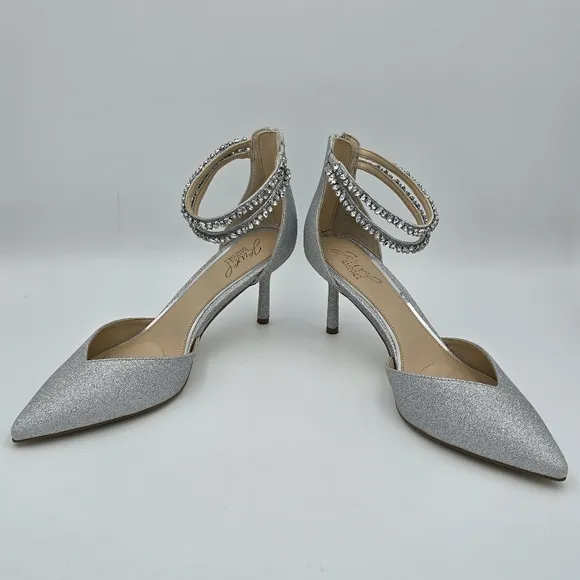 NWOT Jewel Badgley Mischka Maya Crystal Strap 2-Piece Pointy-Toe Pumps, Silver 9
