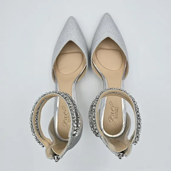 NWOT Jewel Badgley Mischka Maya Crystal Strap 2-Piece Pointy-Toe Pumps, Silver 9